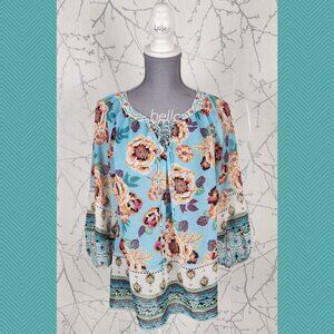Fig & Flower Blue Floral Print Lace Up Sheer Peasant Tunic